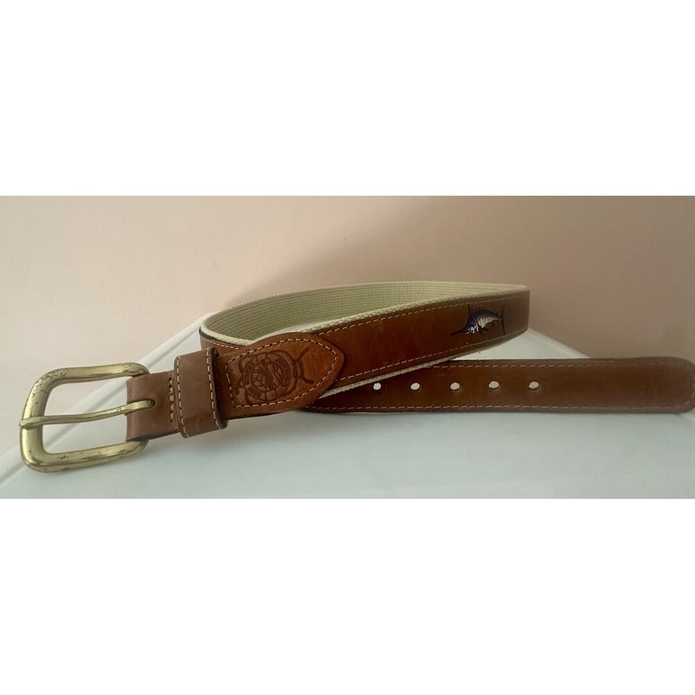 Men's Vintage Reef Riders Leather Embroidered Belt 32 Fishing Nautical